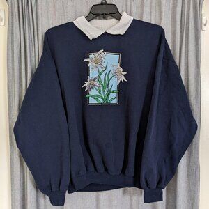 Jerzees Sweatshirt Womens XL Navy Blue Collared Floral Graphic Print Grandmacore